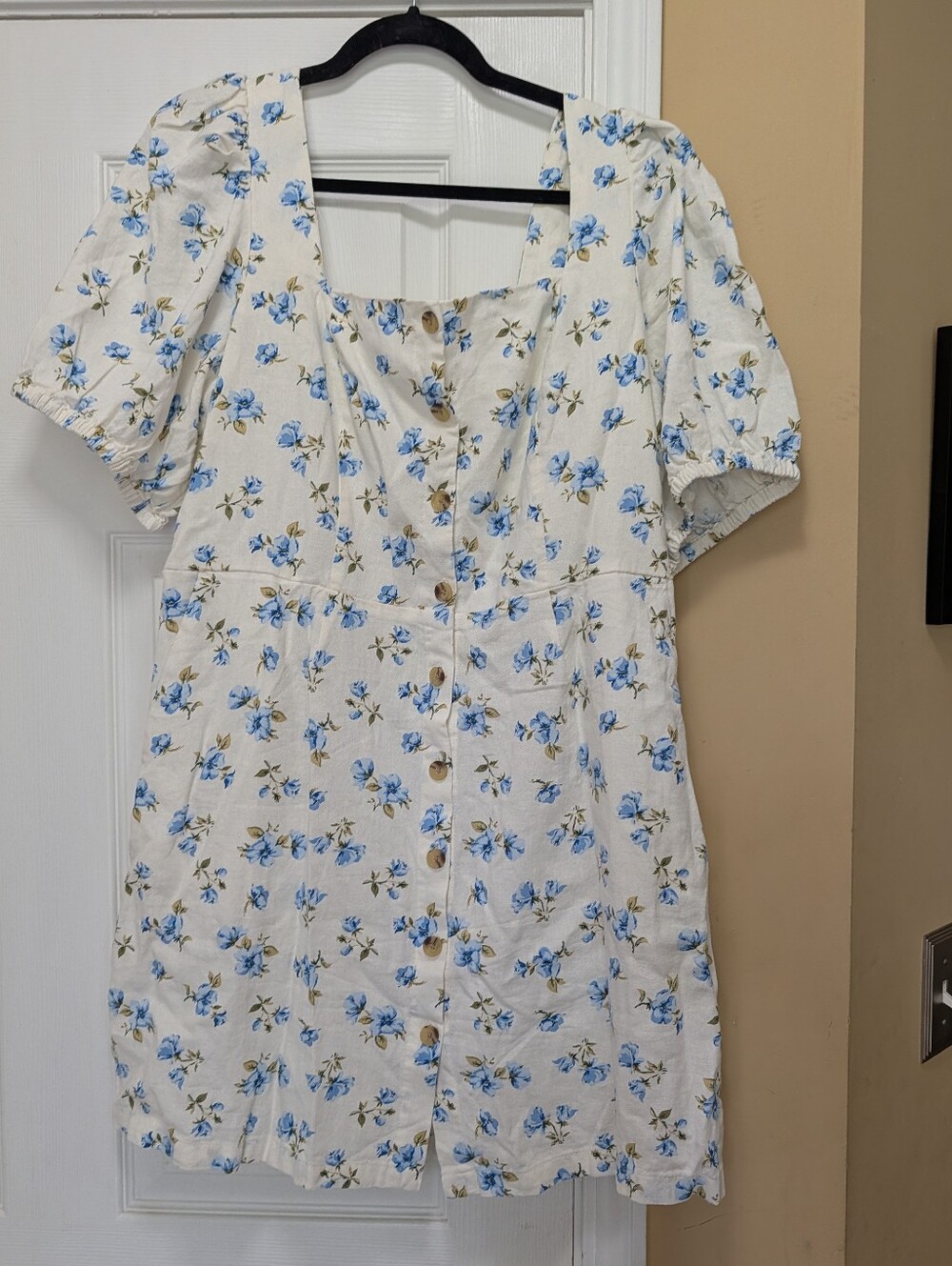 New Boho Linen Puff Sleeve Smocked Back Baby Doll Floral Mini Dress Pockets!